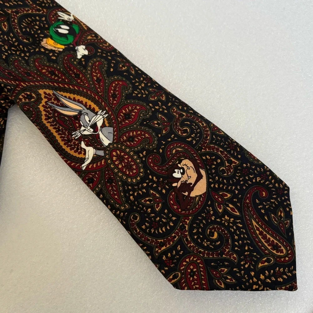 VTG 1994 Looney Tunes Silk Tie Bugs Bunny Marvin Taz Paisley Brown